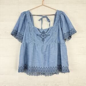 Old Navy‎ Womens XL Chambray Flutter Sleeve Top Blouse Tie Back Boho Square Neck
